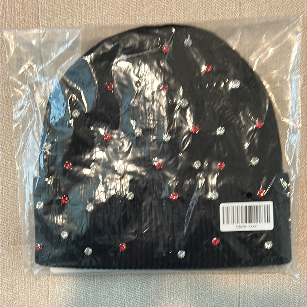 Black Beanie with Red and Silver Rhinestones
